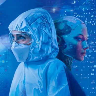 Scientist in a blue protective suit and face mask, standing beside a translucent digital avatar in a blue-lit setting.
