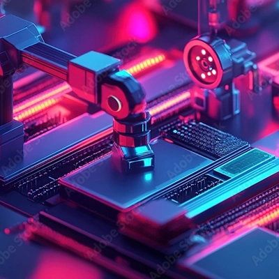 Robotic arm placing a processor onto a motherboard on a neon-lit electronics manufacturing line.