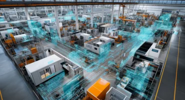 Wide view of a high-tech factory floor with automated machines and blue holographic data lines representing digital connectivity.