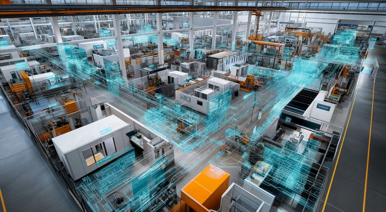 Overhead view of a high-tech factory floor with automated machines and teal data-network overlays illustrating digital connections.