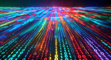 Vast field of glowing multicolored light streaks and binary digits (0s and 1s) streaming toward a bright horizon, depicting digital data.