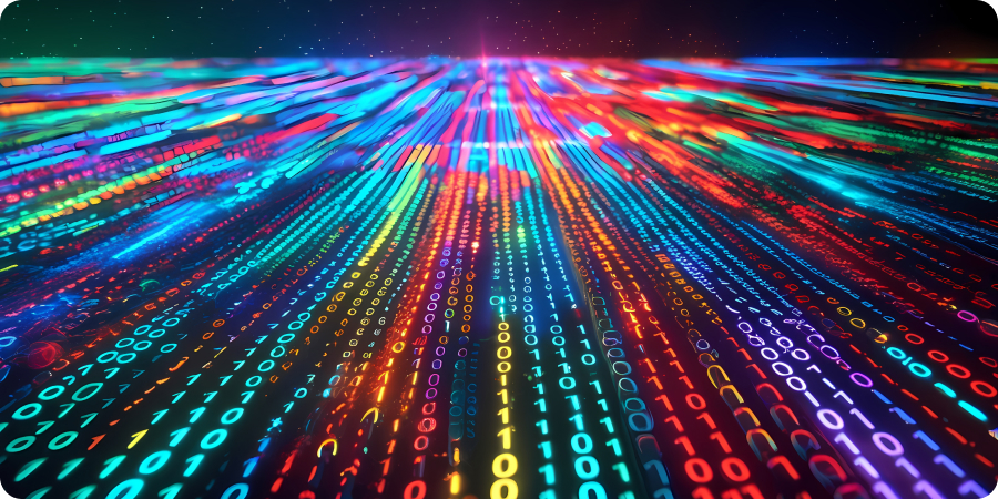 Vast field of glowing multicolored light streaks and binary digits (0s and 1s) streaming toward a bright horizon, depicting digital data.
