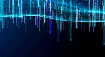 Abstract futuristic data visualization with glowing blue lines and vertical light markers over a dark background, suggesting a data stream or network flow.