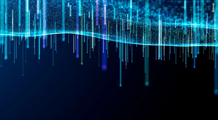 Abstract digital data visualization: glowing blue lines and vertical data points over a dark background.