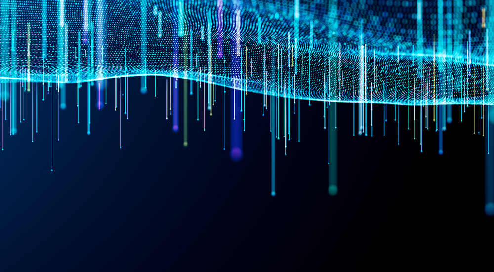 Abstract digital data visualization: glowing blue lines and vertical data points over a dark background.