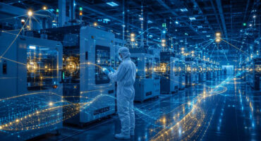 Factory worker in a cleanroom suit operates automated production machines on a high-tech line with blue lighting and data visualization.