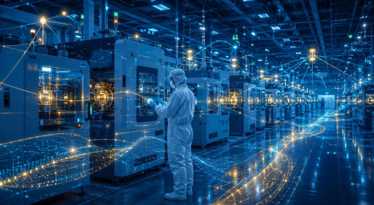 Factory worker in a cleanroom suit operates automated production machines on a high-tech line with blue lighting and data visualization.
