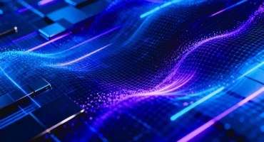 Abstract blue and purple data waves flowing over a circuit-like grid, symbolizing digital networks and computing.