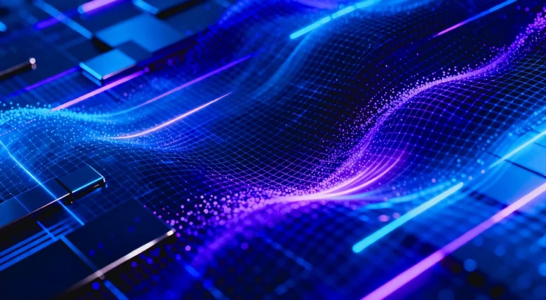 Abstract blue and purple data waves flowing over a circuit-like grid, symbolizing digital networks and computing.