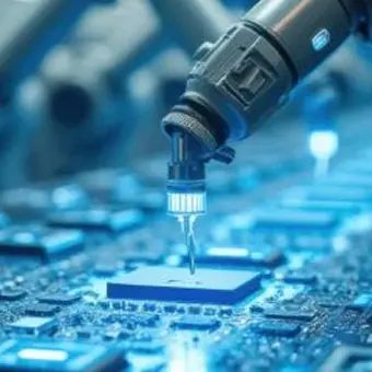 Close-up of a soldering iron tip applying solder to a microchip on a blue-lit circuit board.